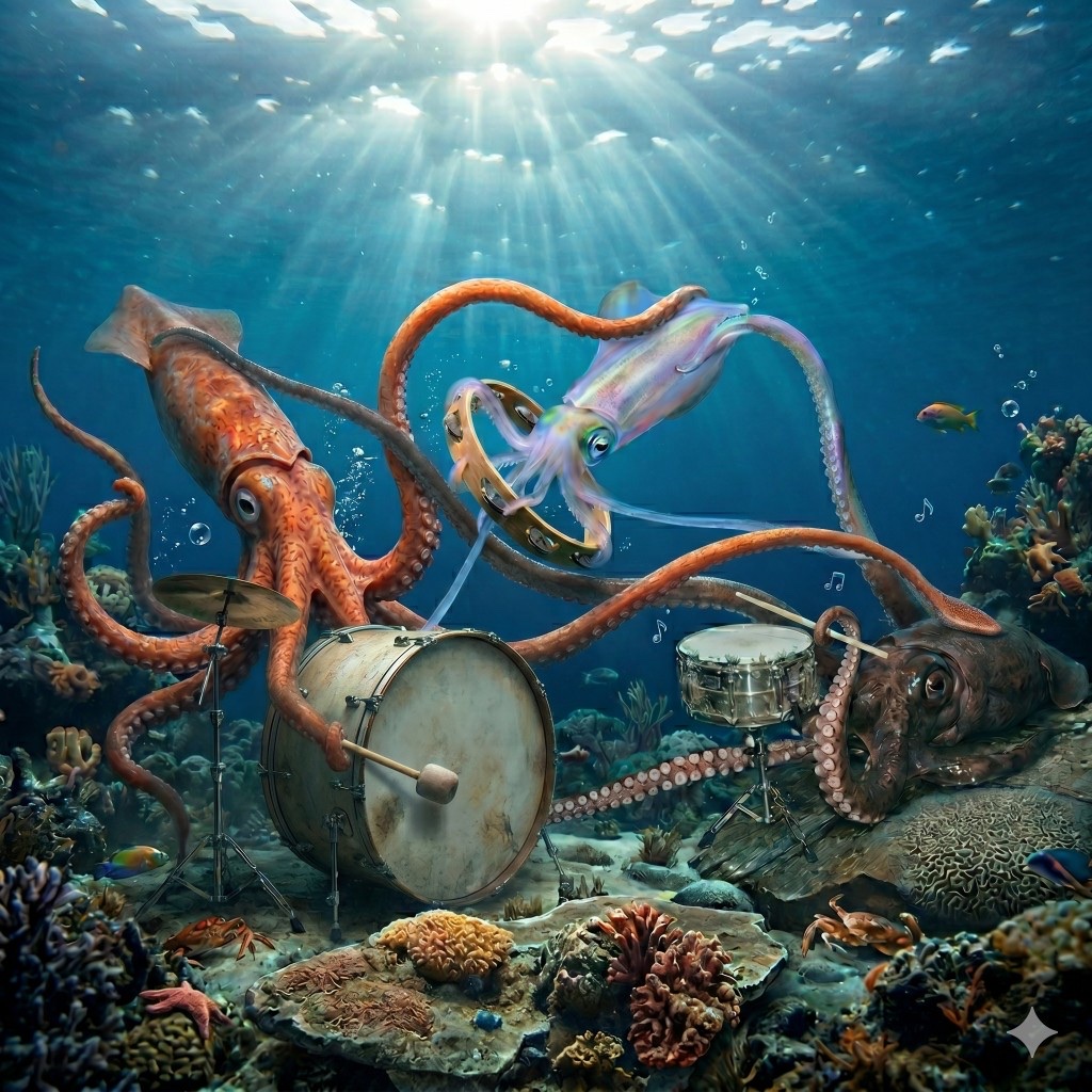 A shoal of squid playing drums, tambourine and cymbals on a sunlit reef — each squid representing one neuron in Glia's neural field
